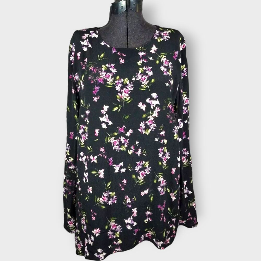 J. Jill Layered Asymmetric Floral Print Top Black Rayon Long Sleeve Size Large